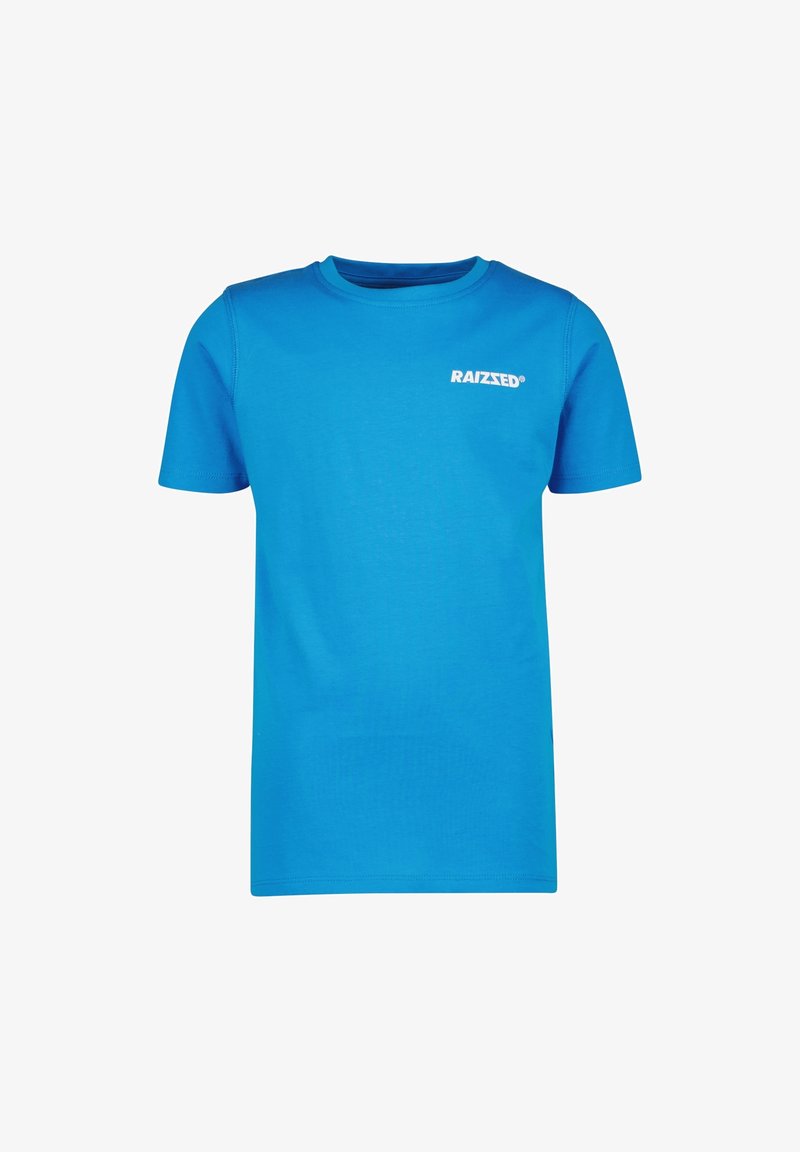 T-shirt bleu vif à manches courtes avec un col rond et un logo blanc "RAIZZED" sur la poitrine en haut à gauche.