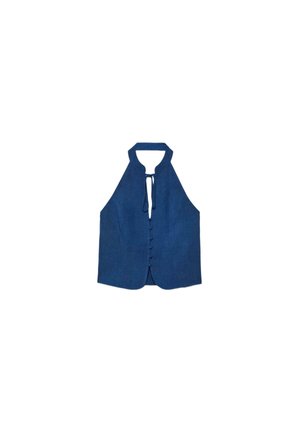 Marineblaues ärmelloses Neckholder-Oberteil mit Knöpfen vorne und einer Schnürung am Hals, aus strukturiertem Stoff gefertigt.