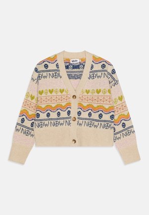 Cardigan en tricot beige avec des motifs colorés, y compris des cœurs, des symboles de paix et des crânes. Il a un col en V et cinq boutons, avec des poignets côtelés.