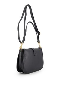 Black leather crossbody bag with a smooth texture, gold hardware accents, and a curved shape. Features a single adjustable strap.