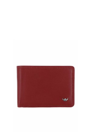Portefeuille bifold en cuir rouge avec couture visible et petit emblème argenté en bas à droite sur fond blanc.