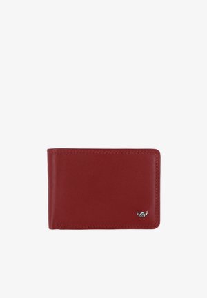 Portefeuille bifold en cuir rouge avec couture visible et petit emblème argenté en bas à droite sur fond blanc.