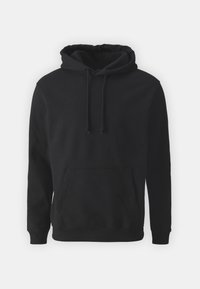 Sweatshirt à capuche noire en tissu mélangé coton, doté d'une poche avant, de cordons de serrage et de poignets et d'un ourlet côtelés.