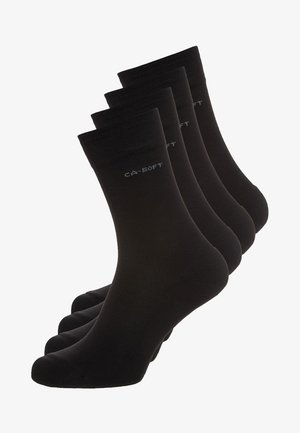 Neljä mustaa sukkaa pehmeästä materiaalista, joissa on ribboitettu yläosa ja sileä pinta, jossa on harmaa painettu logo.