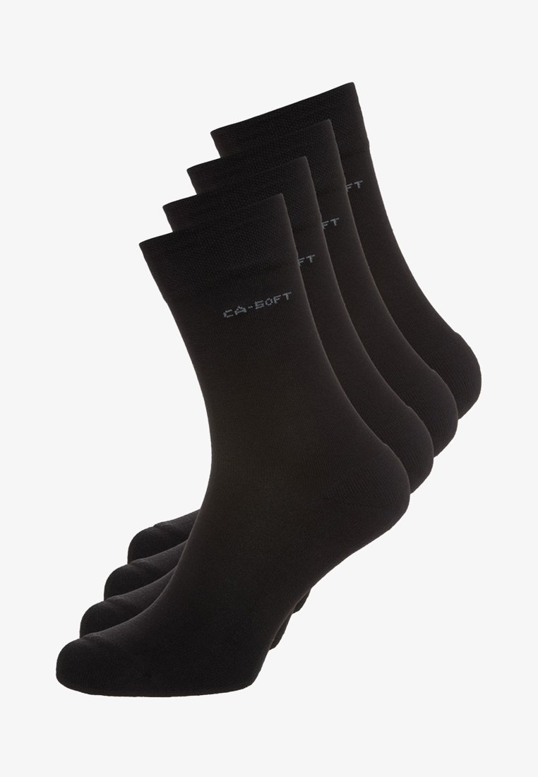 Conjunto de quatro meias pretas feitas de material suave, com um topo canelado e uma textura suave, apresentando um logotipo impresso em cinza.