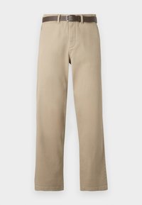 Beige straight-leg pants with front pockets and zipper fly, paired with a brown belt featuring a silver buckle.