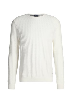 Witte trui met lange mouwen en een gestructureerd ribgebreid patroon. Voorzien van een ronde halslijn en geribbelde boorden aan de mouwen en zoom. Label zichtbaar aan de binnenkant van de kraag.
