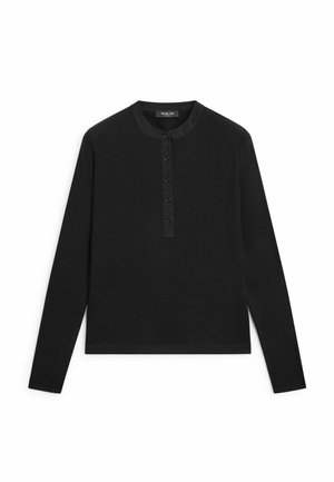 Czarna koszula z długim rękawem, okrągłym dekoltem i pięcioma guzikami na środku przodu.