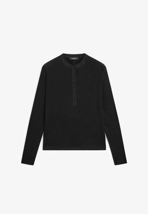 Zwart shirt met lange mouwen, ronde hals en een sluiting met vijf knopen aan de voorkant in het midden.