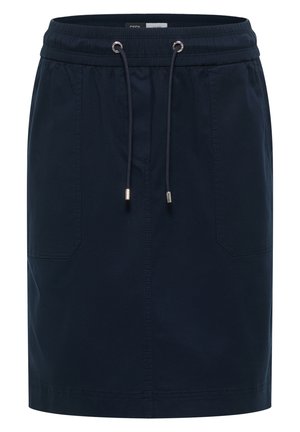 Jupe bleu marine longueur genoux avec taille élastique, poches avant et cordon ajustable avec embouts métalliques.