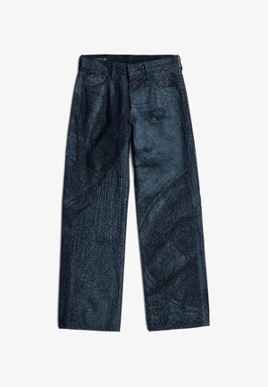 Dunkelblaue Jeans mit einem aufwändigen geprägten Muster aus Linien und einem Gesicht, mit geradem Bein und normalem Bund.