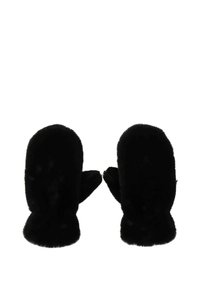 Muffole nere realizzate in un morbido tessuto peluche. Parti superiori arrotondate con un design a polsino. Texture liscia con un colore uniforme. Nessun motivo visibile.