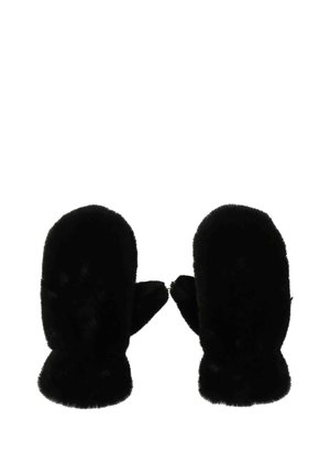 Muffole nere realizzate in un morbido tessuto peluche. Parti superiori arrotondate con un design a polsino. Texture liscia con un colore uniforme. Nessun motivo visibile.