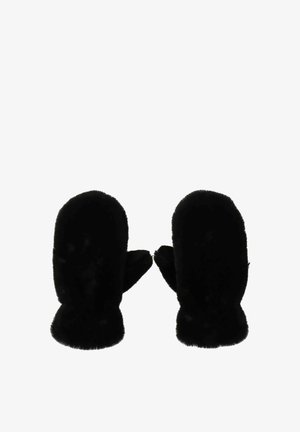 Črne mitene, izdelane iz mehkega, puhkastega blaga. Okrogli vrhovi z manšetnim dizajnom na zapestju. Gladka tekstura z enotno barvo. Brez vidnih vzorcev.