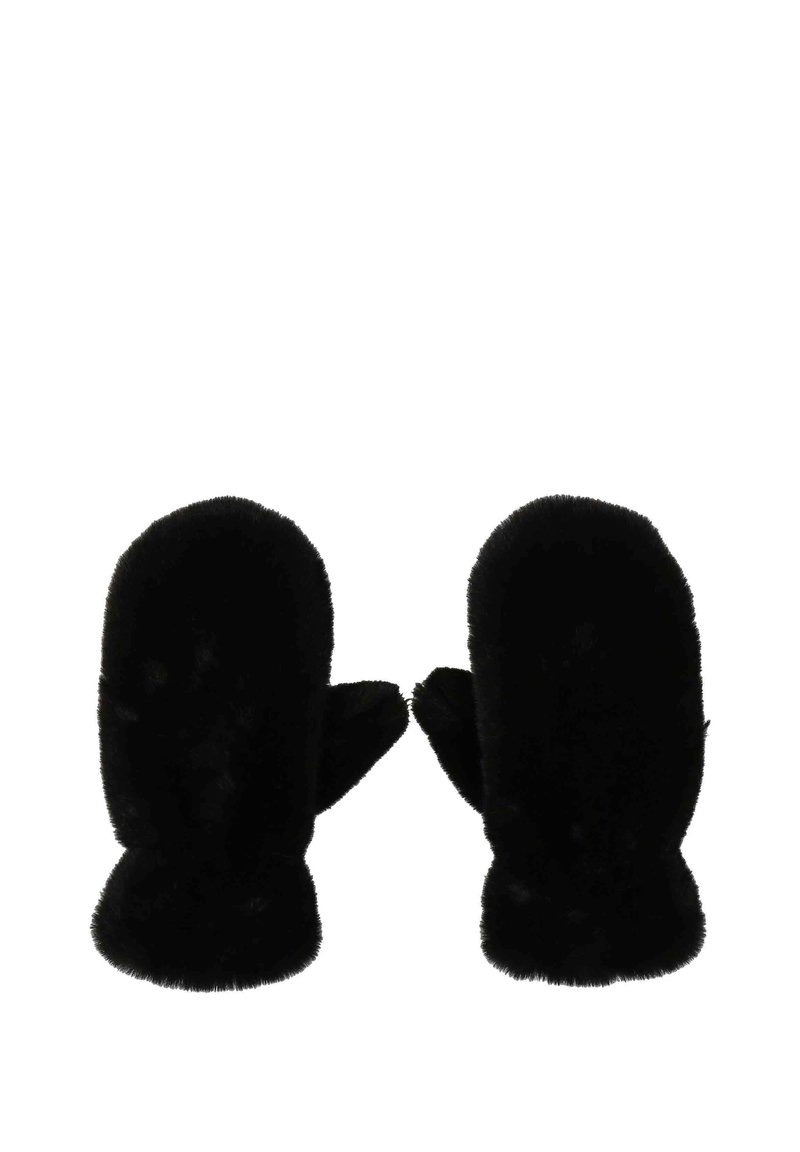 Muffole nere realizzate in un morbido tessuto peluche. Parti superiori arrotondate con un design a polsino. Texture liscia con un colore uniforme. Nessun motivo visibile.