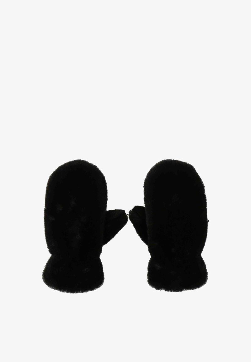 Mustad mustrid pehmest plush-kangast. Ümarad ülemised osad koos mansettidega randme kujundusega. Sile tekstuur ühtlase värviga. Pole nähtavaid mustreid.