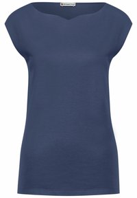 Námořnická modrá krátkosrstá halenka vyrobená z měkké směsi bavlny, s kulatým výstřihem a jemným vroubkovaným designem vpředu.