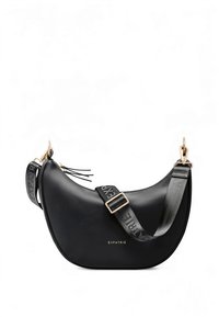 Geantă de mână din piele neagră, cu formă curbată, prevăzută cu o curea decorativă cu numele brandului realizat dintr-un material contrastant și accente metalice aurii.