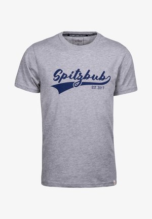 Graues Baumwoll-T-Shirt mit kurzen Ärmeln, mit einem marineblauen, geschwungenen Aufdruck, der "Spitzbub EST. 2017" sagt, und einer glatten Textur.