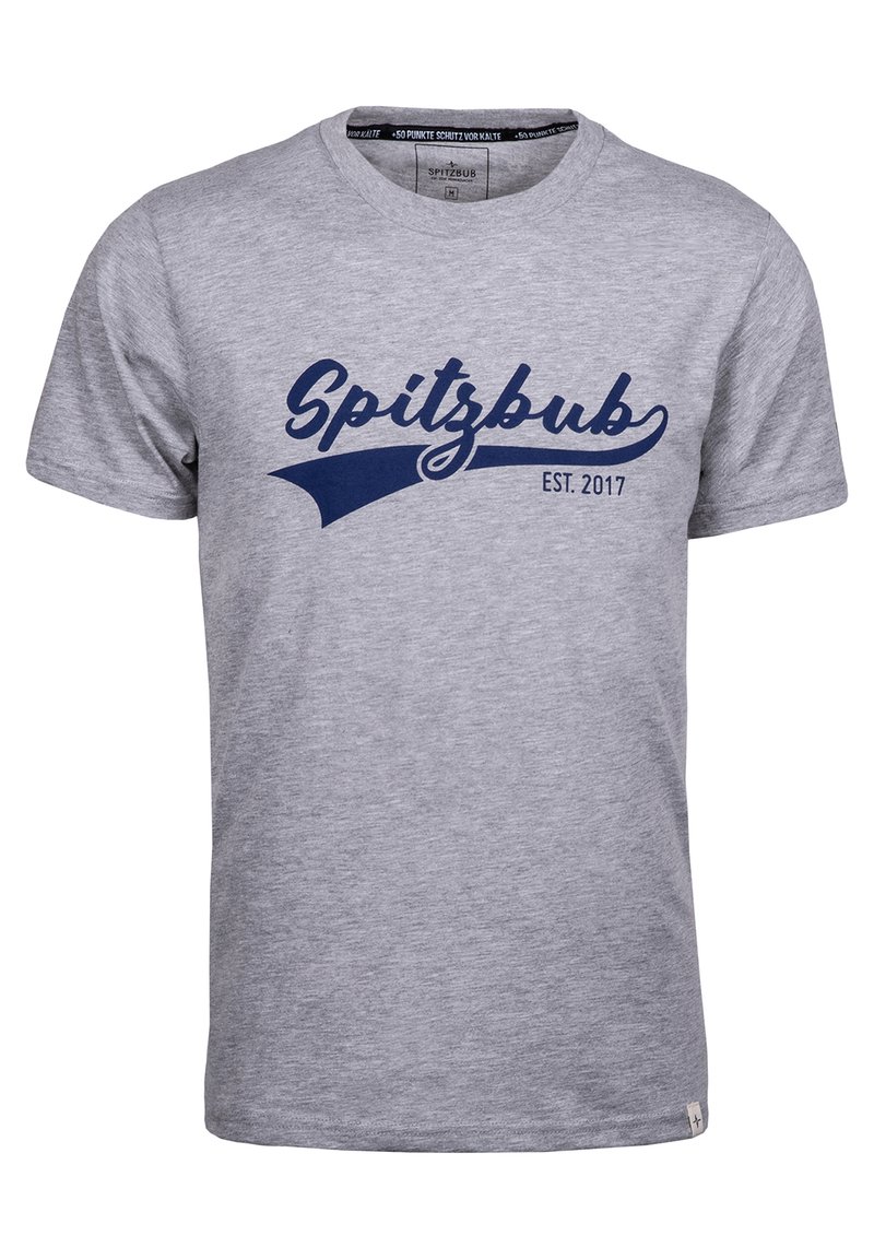 Graues Baumwoll-T-Shirt mit kurzen Ärmeln, mit einem marineblauen, geschwungenen Aufdruck, der "Spitzbub EST. 2017" sagt, und einer glatten Textur.