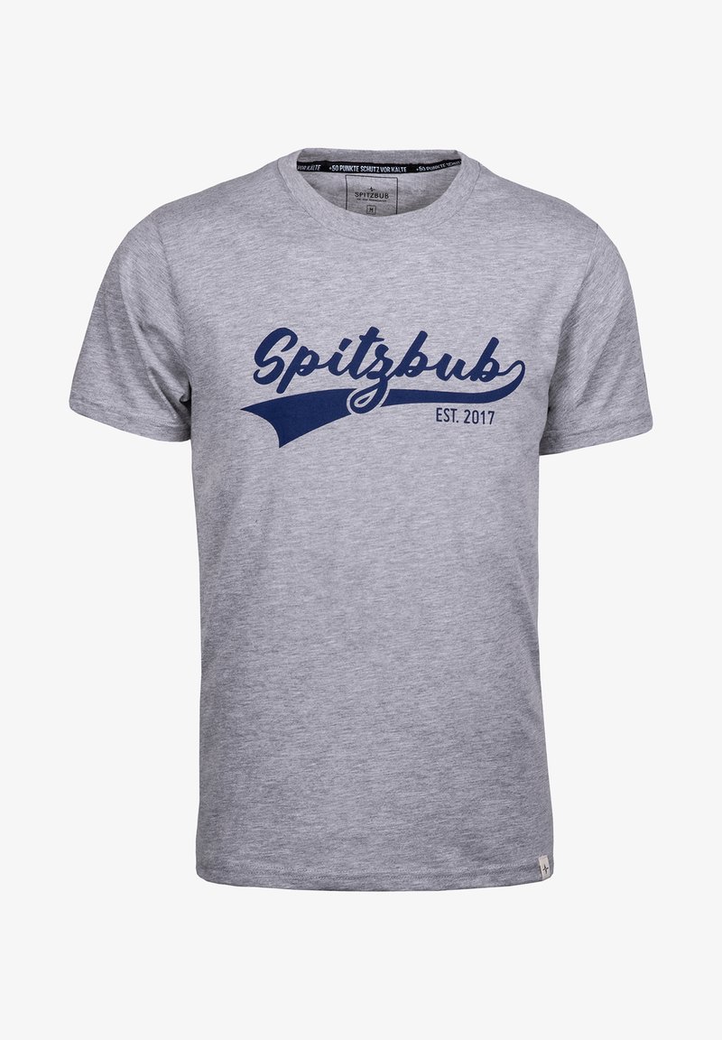 Graues Baumwoll-T-Shirt mit kurzen Ärmeln, mit einem marineblauen, geschwungenen Aufdruck, der "Spitzbub EST. 2017" sagt, und einer glatten Textur.