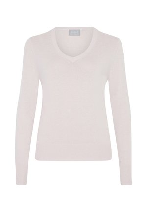 Lichtroze, langslavige trui met een V-hals ontwerp, gemaakt van zachte stof. Bevat ribgebreide manchetten en zoom, wat zorgt voor een gladde textuur.