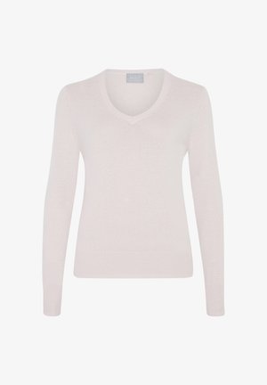 Lichtroze, langslavige trui met een V-hals ontwerp, gemaakt van zachte stof. Bevat ribgebreide manchetten en zoom, wat zorgt voor een gladde textuur.