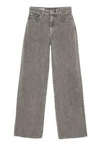 Grijze corduroy broek met wijde pijpen en verticale strepen, voorzien van een knoop- en ritssluiting, ceintuurlussen en zijzakken. Getextureerde stof.