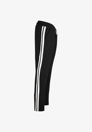 Sorte sweatpants med hvide sideløkker, elastisk talje og snor. Stoffet er blødt og let tekstureret. To sidelommer.