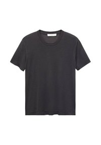 Black crew-neck t-shirt made of soft cotton. Short sleeves, relaxed fit, and straight hem with no embellishments or patterns.