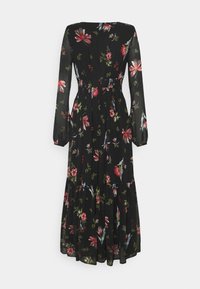 Robe maxi florale en tissu transparent noir avec des fleurs rouges et bleues. Manches longues, taille smockée et design à jupe en couches.