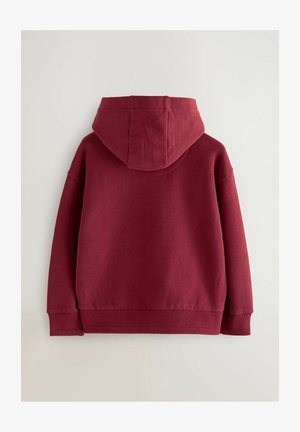 Burgundia kapuchoniga, mis on valmistatud pehmest puuvillasegistusest, millel on suur kapuuts, soonikkoes varrukaservad ning lihtne, puhas disain ilma nähtavate mustriteta.