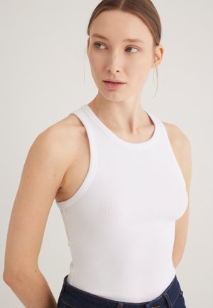 White ribbed tank top with a fitted design, round neckline, and wide shoulder straps; worn with dark denim jeans.