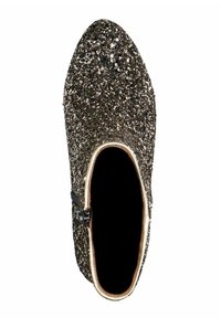 Glittery enkelboot met een ronde neus, zwarte en zilveren pailletten bovenkant en een ritssluiting aan één kant. Binnenkant gevoerd in het zwart.