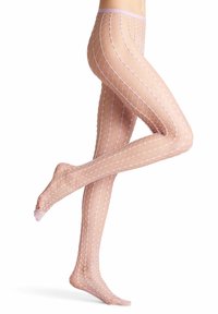 Collant a rete rosa chiaro con motivo a diamante, materiale trasparente e un morbido elastico in vita; texture liscia con design con punta.