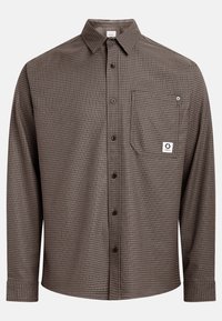 Brown checkered long-sleeve shirt with button-up front, single chest pocket, and logo tag. Soft fabric, standard collar, and button cuffs.