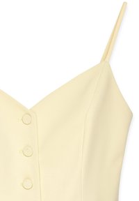 Kollane avatud õlgadega kleit, millel on sügav V-kaelus ja kolm ümmargust nuppu ees, valmistatud tekstuurses kangas, millel on sile viimistlus.