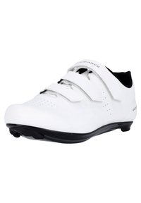 Witte fietschoenen met drie klittenbanden, een gladde synthetische bovenkant, perforaties voor ademend vermogen en een zwarte rubberen zool.
