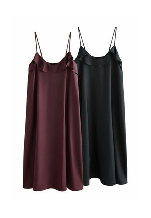 To ærmeløse midi-kjoler med tynde stropper og flæsekantede halsudskæringer, den ene i mørk burgundy og den anden i sort, vist side om side.