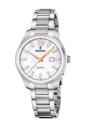 Orologio da polso Festina in quarzo argentato con quadrante in madreperla bianca, indicatori delle ore dorati, lancette dorate e datario alle ore 3.