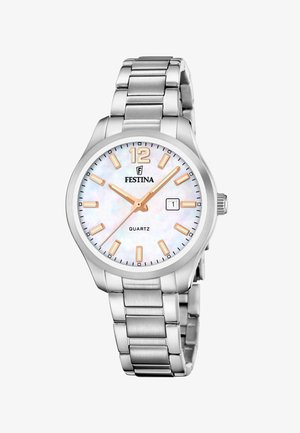 Sølv Festina kvarts armbåndsur med hvid perlemorsurskive, gyldne timemarkeringer, gyldne visere og datovisning kl. 3.