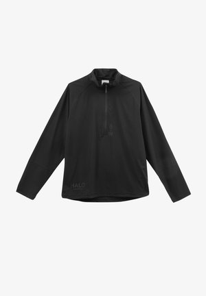 Schwarzer Langarm-Pullover mit Viertelreißverschluss, aus strukturiertem Stoff. Verfügt über einen hohen Kragen und dezente Markenkennzeichnung an der unteren Vorderseite.