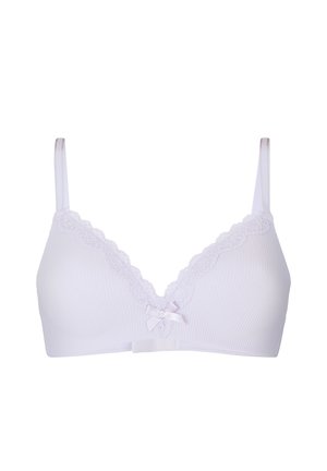 White wireless bra with lace trim along the neckline and a small bow detail in the center front.