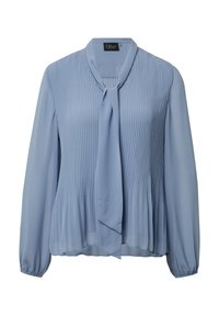 Hellblaue Bluse aus plissiertem Stoff, mit langen Ärmeln, einem Bindekragen und einem leicht ausgestellten Saum mit elastischen Bündchen.