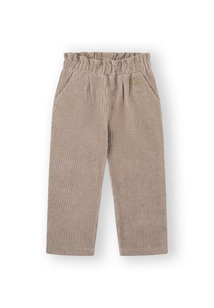 Pantalones de pana en marrón claro, con una amplia cinturilla elástica, bolsillos laterales y una sutil textura de líneas verticales. Acento en dorado.