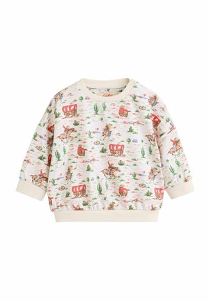 Felpa di colore crema chiaro con stampa a tema western su tutta la superficie, completa di illustrazioni di cowboy, cactus e carri; colletto e polsini a coste.