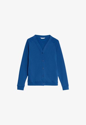 Cárdigan azul con escote en V, mangas largas de raglán, cierre de botones y puños y dobladillo acanalados. Textura suave, fabricado con tela blanda.