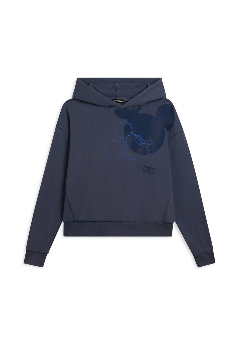 Felpa con cappuccio blu navy dal taglio rilassato. Presenta una grande grafica di Topolino tono su tono sulla parte anteriore. Tessuto liscio, polsini e fondo a costine.