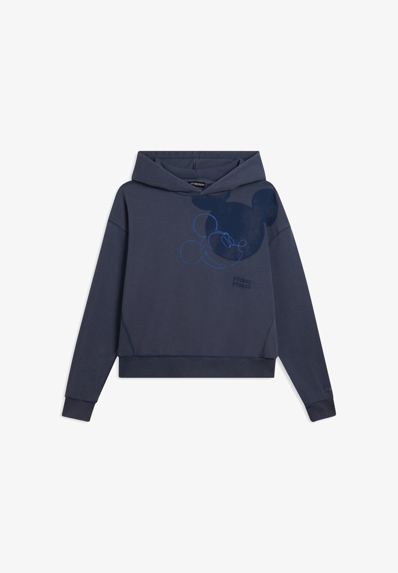 Felpa con cappuccio blu navy dal taglio rilassato. Presenta una grande grafica di Topolino tono su tono sulla parte anteriore. Tessuto liscio, polsini e fondo a costine.