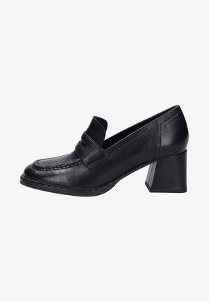 Mocassins à talons en cuir noir avec un bout arrondi, des coutures décoratives et un talon carré au fini lisse.